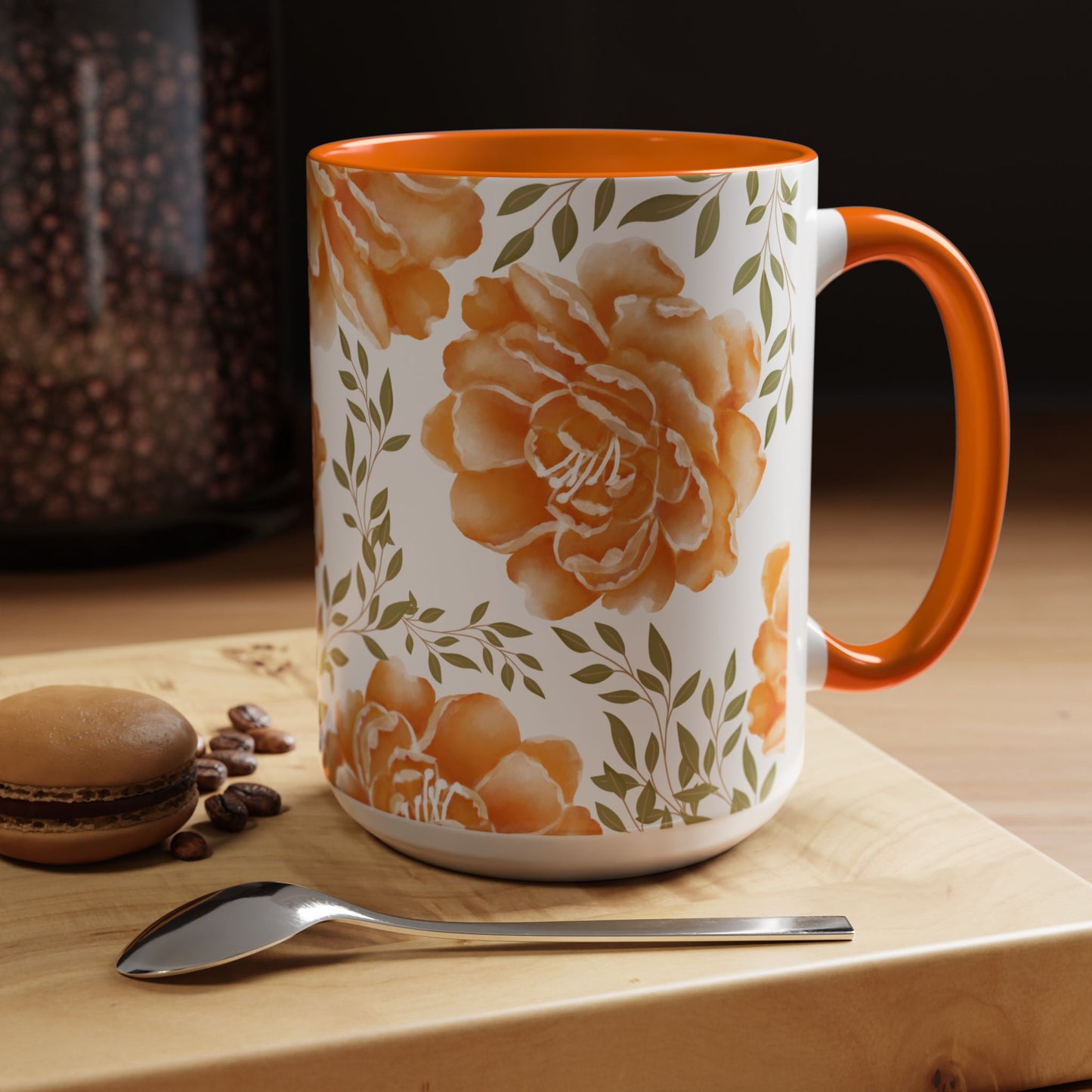 Floral Accent Coffee Mug - Elegant Orange Floral Design (11oz, 15oz)