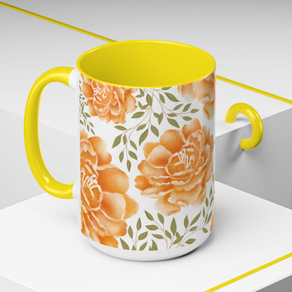 Floral Accent Coffee Mug - Elegant Orange Floral Design (11oz, 15oz)