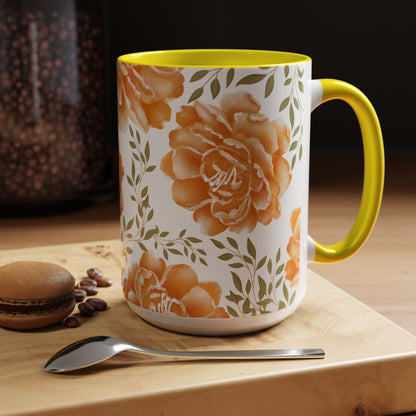 Floral Accent Coffee Mug - Elegant Orange Floral Design (11oz, 15oz)