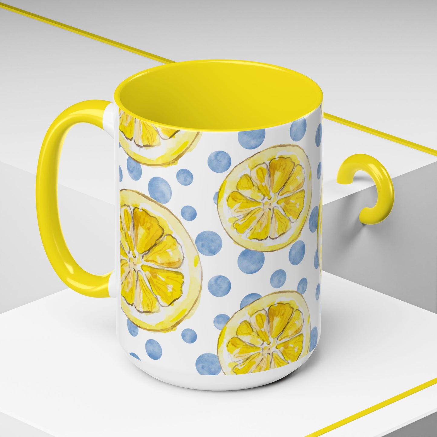Cute Coffee Mug- Watercolor Lemons/Blue Polka Dots- Summer Vibes