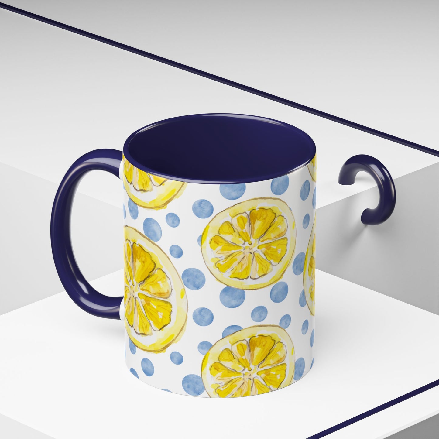 Cute Coffee Mug- Watercolor Lemons/Blue Polka Dots- Summer Vibes