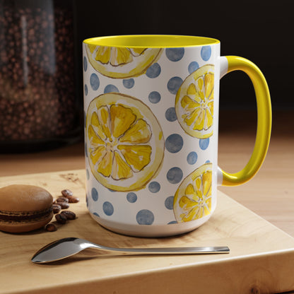 Cute Coffee Mug- Watercolor Lemons/Blue Polka Dots- Summer Vibes