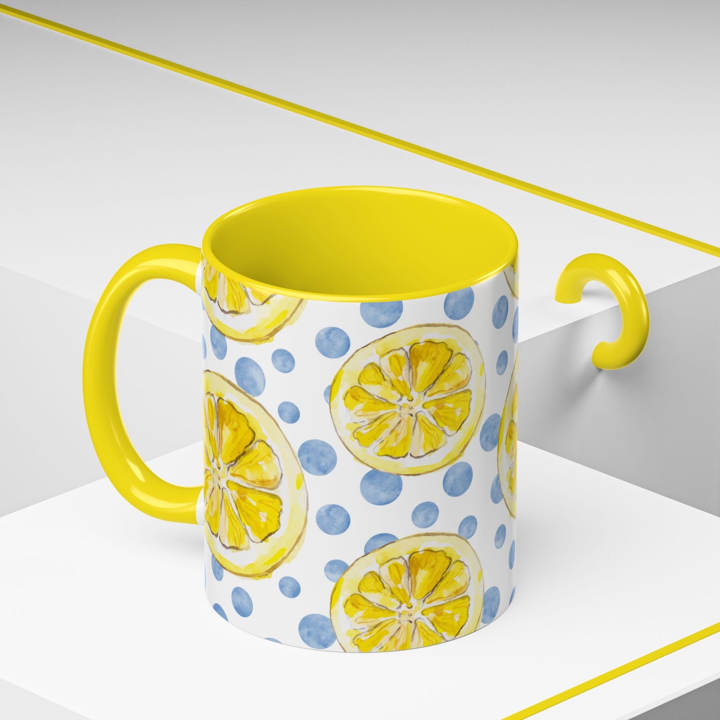 Cute Coffee Mug- Watercolor Lemons/Blue Polka Dots- Summer Vibes