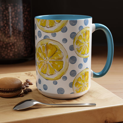 Cute Coffee Mug- Watercolor Lemons/Blue Polka Dots- Summer Vibes
