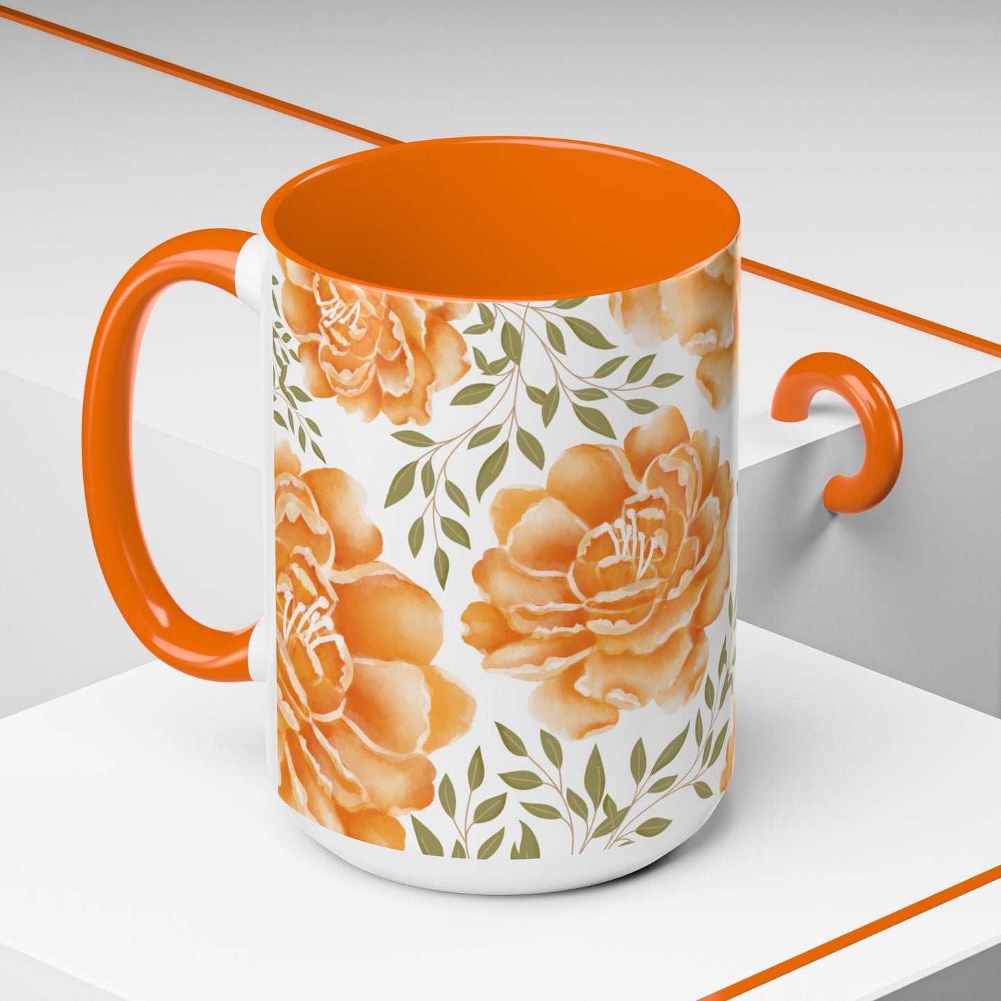 Floral Accent Coffee Mug - Elegant Orange Floral Design (11oz, 15oz)