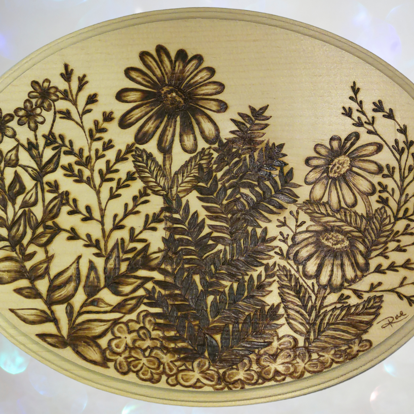 Botanical Wood Burned Art – 7" x 9" Oval Plaque with Hand-Burned Mixed Florals and Greenery