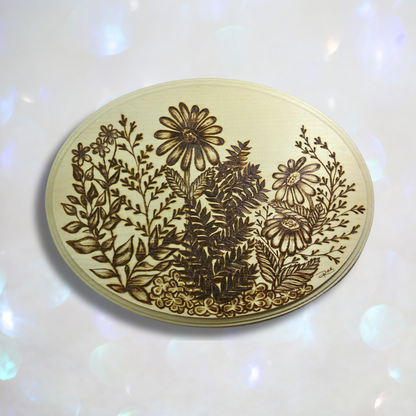 Botanical Wood Burned Art – 7" x 9" Oval Plaque with Hand-Burned Mixed Florals and Greenery