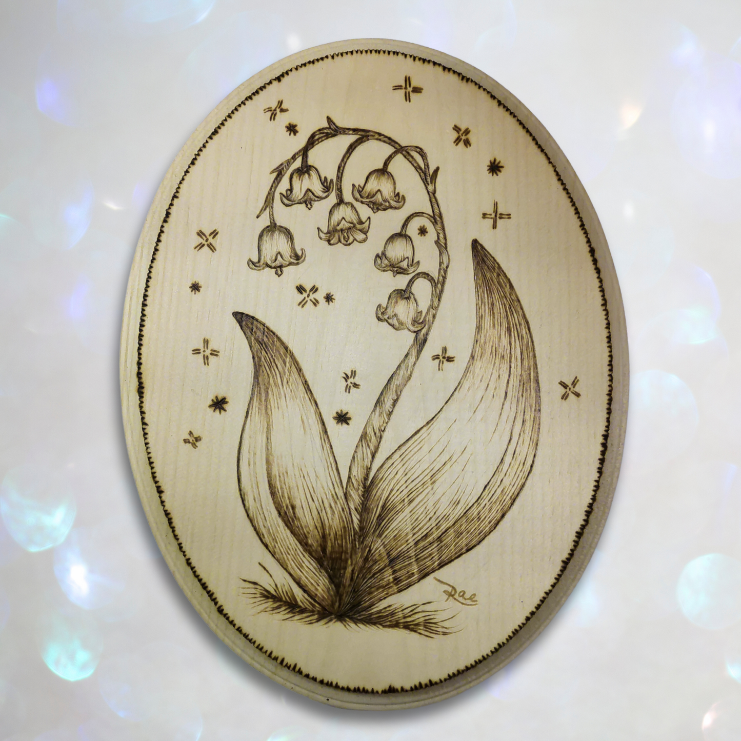 Lily of the Valley Wood Burned Art – 7" x 9" Oval Floral Pyrography on Natural Wood Plaque