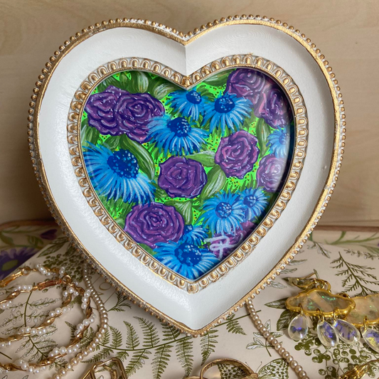 Mini Artwork-Painting-Blue & Purple Florals in White & Gold Heart-Shaped Frame