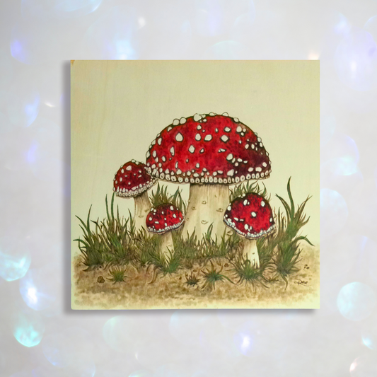Amanita Muscaria Mushroom Art on Wood – 11.75" Hand-Burned & Watercolor Painted Wall Decor with Shimmer Accents