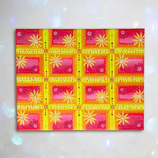 "Sunset Stitches" – 8x10 Hand-Painted Acrylic Canvas Wall Art in Warm Sunset Hues, Quilted Floral Pattern